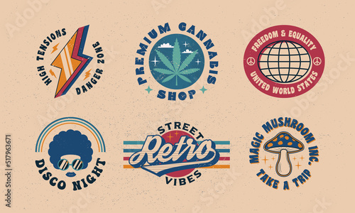 Set of Retro groovy logos. Cannabis, Disco, Mushroom, Thunderbolt emblems. 1970s Retro logo designs. 6 Vector retro 70's logos set. Retro prints for T-shirt, typography. Vector illustration