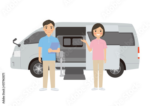 男性と女性介護士が介護送迎車の前でポーズ