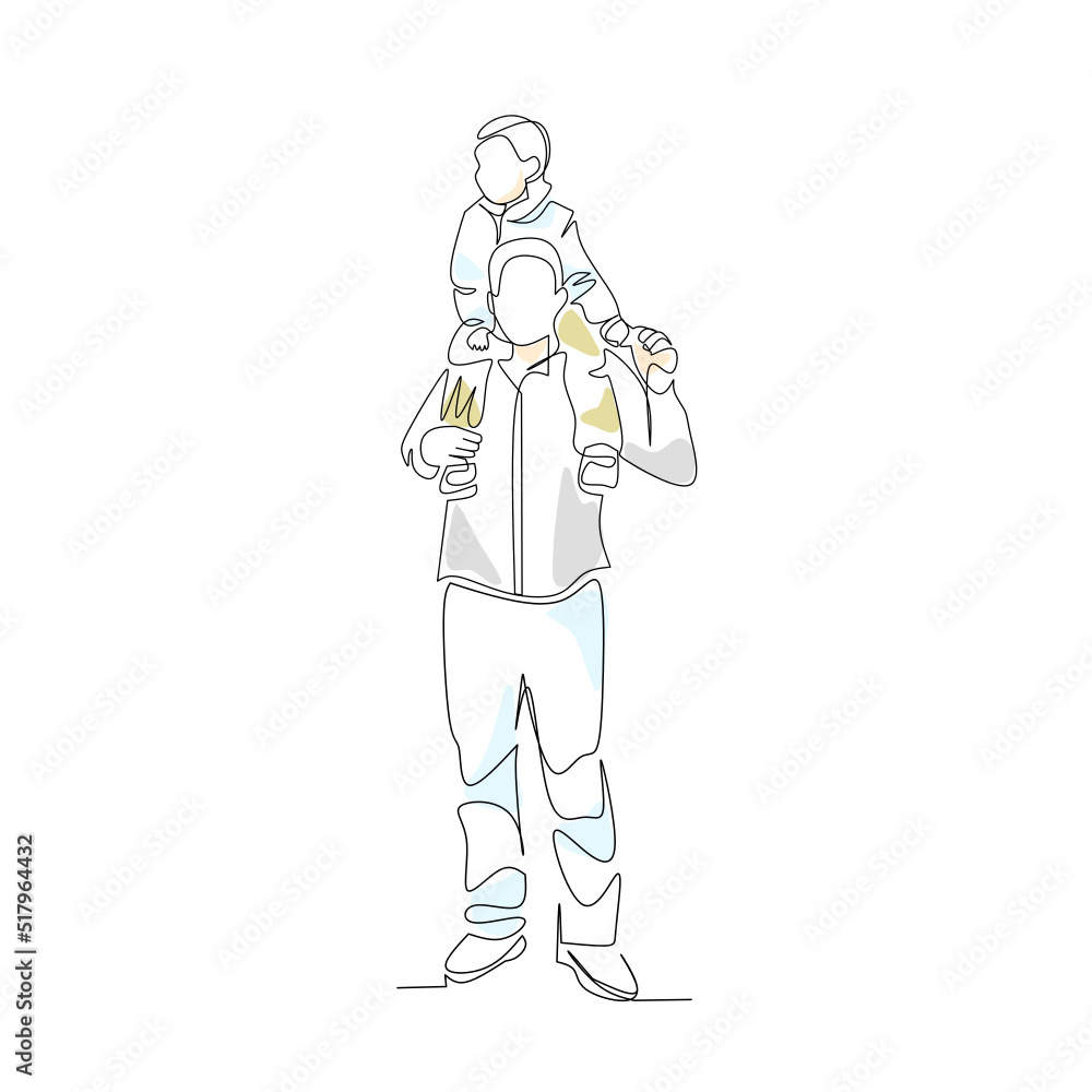 Vector illustration of a father holding his little son on his shoulders drawn in line-art style Vector illustration of a father holding his little son on his shoulders drawn in line-art style