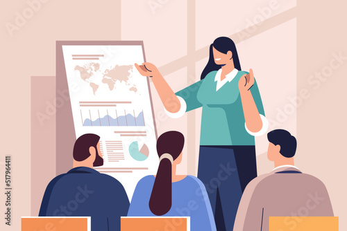 Business presentation concept or training. Businesswoman presenting report for businesspeople at conference, meeting business, presentation. Vector illustration for mobile and web graphics.