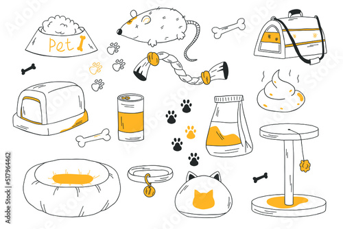 Doodle set of accessesories and items for pets and animal care. Cat and dog food, toys and other stuff.