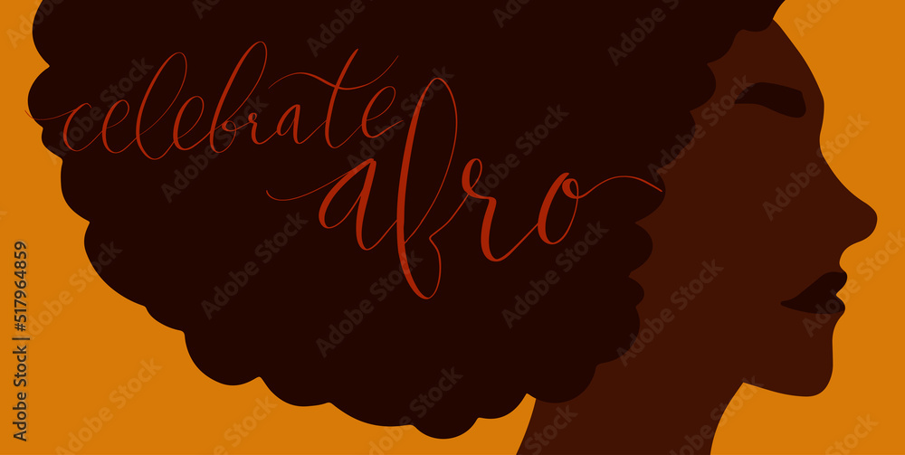 African american woman side view portrait. Celebrate Afro handwritten lettering vector