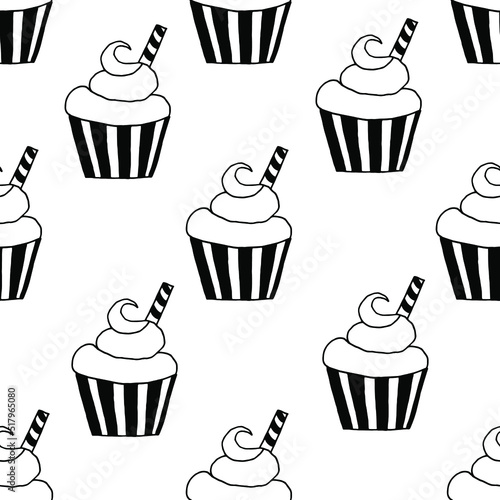 Seamless pattern with cupcakes and sugar tube. Beautiful background with cupcakes.