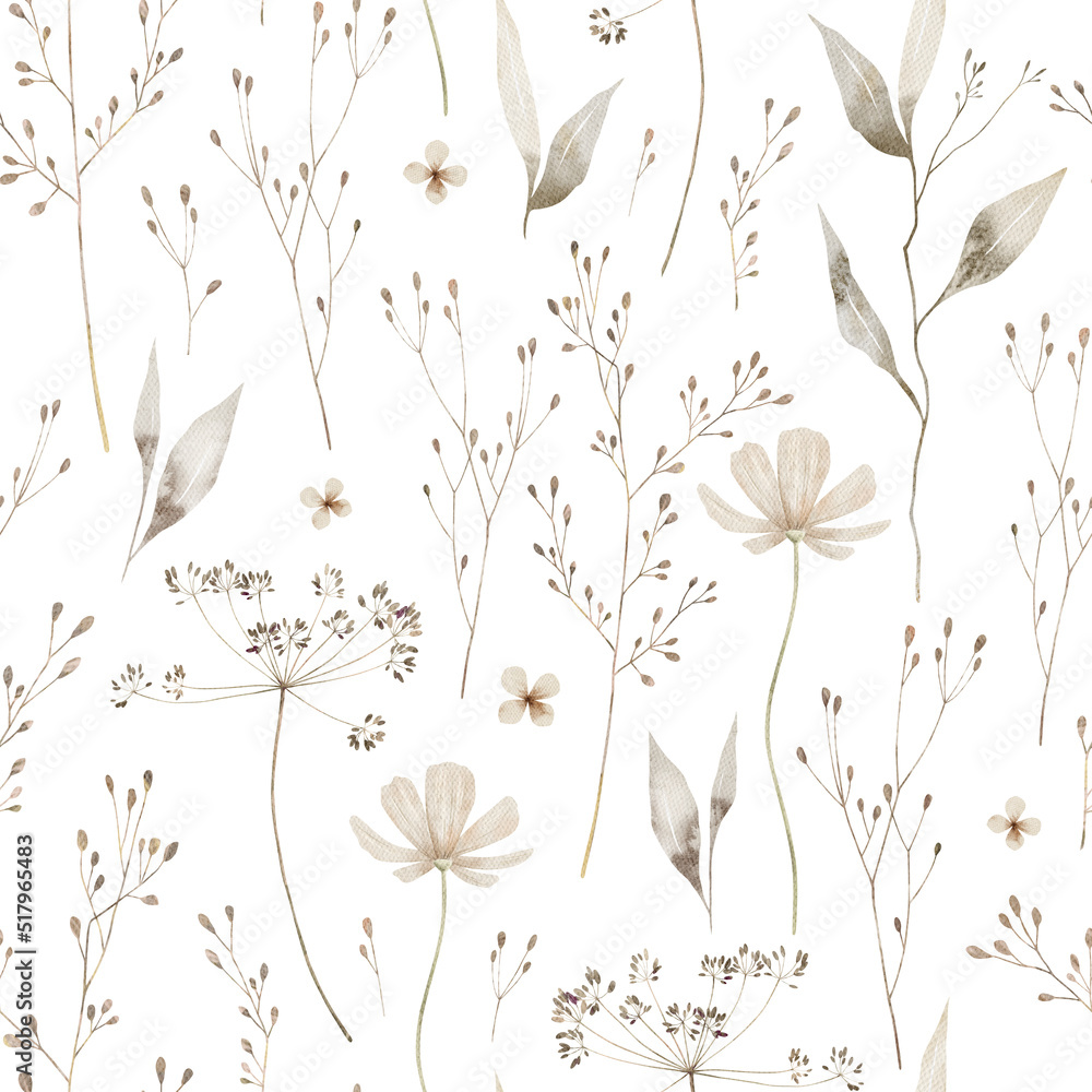 Watercolor seamless pattern with ethereal wildflowers, leaves. Wild plants, flowers, branches. Nature floral background - obrazy, fototapety, plakaty 