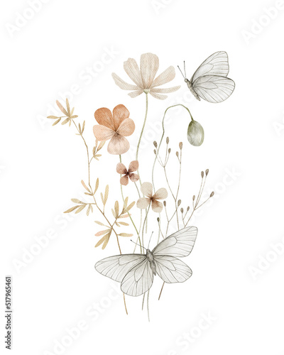 Watercolor bouquet with wild plants and flowers, butterflies. Meadow dried wildflowers. Elegant ethereal nature, floral arrangements © Kate K.