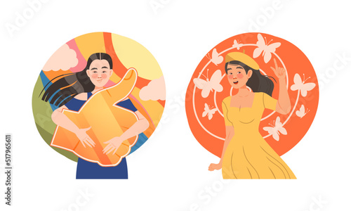 Woman with Positive and Creative Type of Thinking or Mindset Vector Set