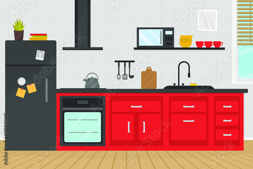 Modern kitchen interior with appliances, cooking utensils, sink, kettle, stove, dishes and furniture. Home art. Flat style vector illustration.