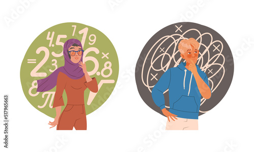 Man and Woman with Chaotic and Analytical Type of Thinking or Mindset Vector Set