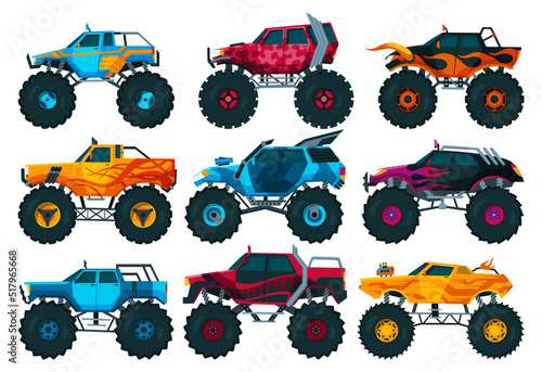 Monster trucks set. Bright colorful cartoon auto with big wheels. Heavy cars with large tires and black tinted windows. Isolated rally 4x4 computer or mobile game