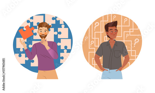 Man with Logical and Inquisitive Type of Thinking or Mindset Vector Set