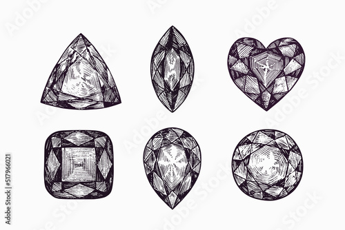 Trilliant (trillion), Navette, Heart shaped, Cushion,Pear (tear), Fine round (Brilliant) gemstone cuts shapes collection, simple doodle drawing, gravure style