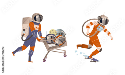 Spaceman or Astronaut Man Character in Space Suit Pushing Shopping Cart with Helmet and Skateboarding Vector Set