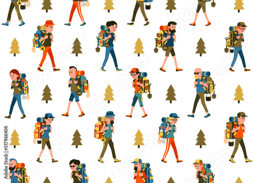 Hiking seamless pattern. Hikers with backpack endless pattern. Vector image.