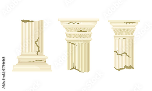 Broken Marble Pillars and Stone Column Ruins as Ancient Building Architectural Element Vector Set