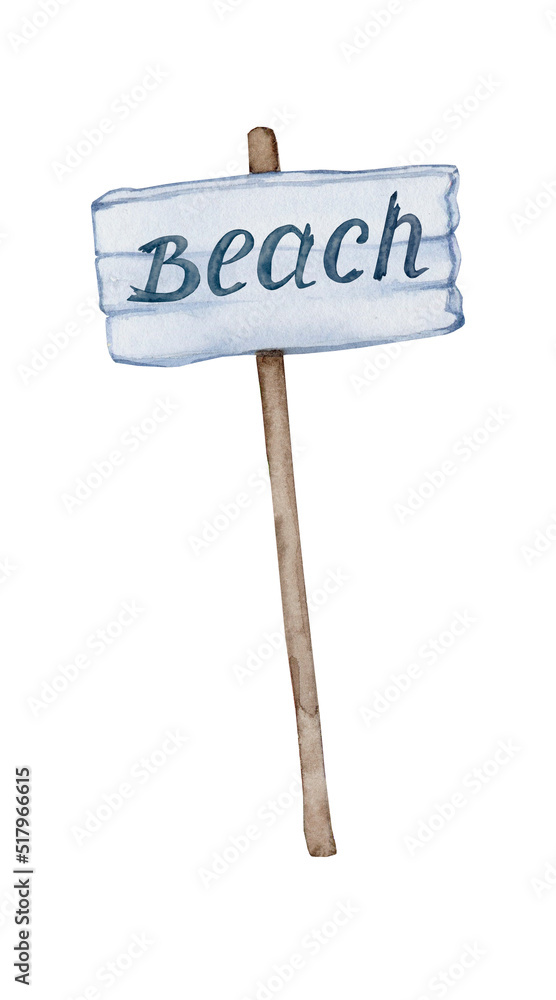 Wooden pointer BEACH. Watercolor element isolated on white background. Wooden pointer BEACH. Watercolor element isolated on white background.
