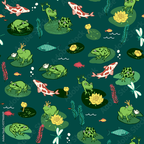 Froggs in the lake, animals vector seamless pattern