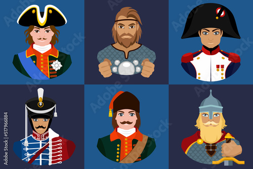 A large set of portraits of male warriors from different eras. Slavic hero, hussar, guardsman and emperor. Historical costume. Flat illustration.
