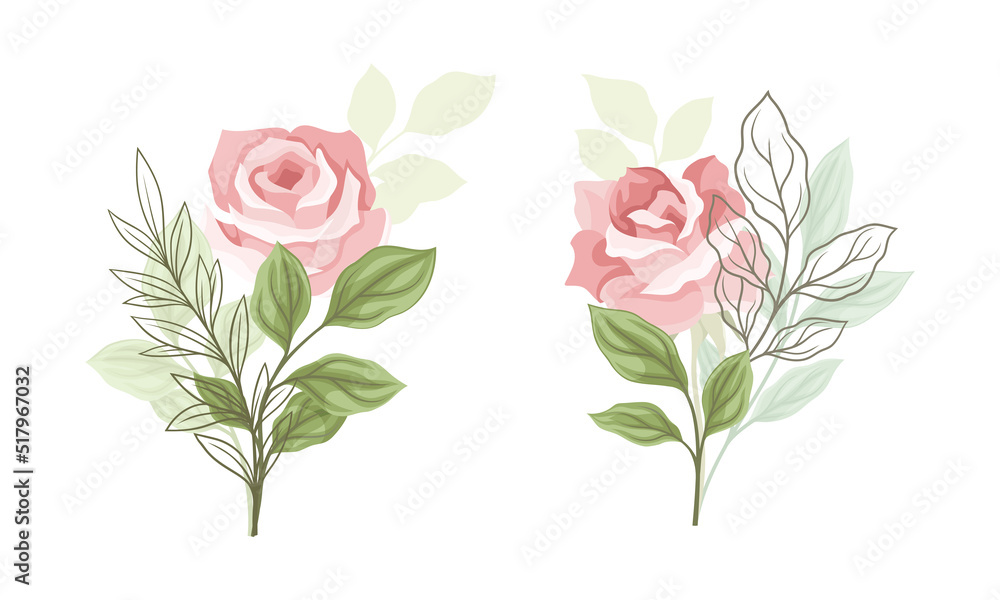 Pink Rose Blossom on Stem with Green Leaf as Garden Flora Vector Set