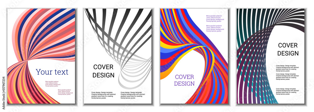 A set of 4 abstract covers. Wavy parallel gradient lines, ribbons evolve. Cover design, background. Trendy banner, poster. A set of 4 abstract covers. Wavy parallel gradient lines, ribbons evolve. Cover design, background. Trendy banner, poster.