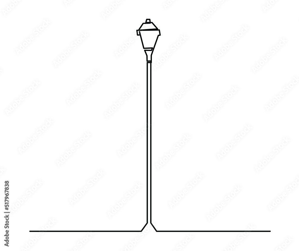 lamppost drawing by one continuous line, isolated, vector. Street lamp one continuous line drawing, isolated, vector