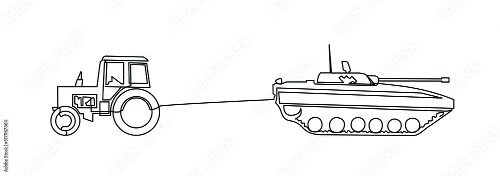 Ukrainian tractor pulls a russian tank continuous line drawing. One ...
