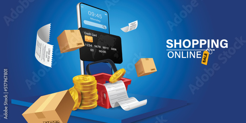 shopping basket Red on product bill. Smartphone with purchase icon on screen. Credit card payment on smartphone. Online shopping via mobile phone.shopping cart for online shopping concept,vector 3d