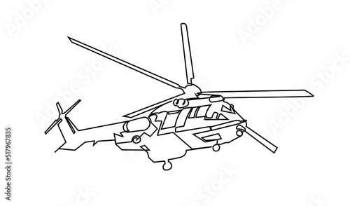 continuous line helicopter in flight. Drawing black thin line on white background. Continuous line drawing helicopter vector illustration. Millitary helicopter. Ukraine war.