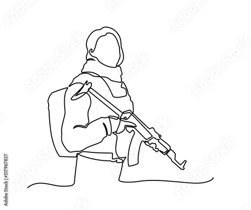 Continuous one line drawing Woman in military clothes with a weapon. Young girl in an army soldier's suit. Modern woman concept. Single line draw design vector graphic illustration. Soldier girl.