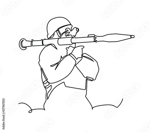 Single continuous line drawing soldier holding rocket launcher. Rocket launcher with missiles. Hand RPG one line in vector format on white isolate. Ukraine soldier fighting russia.