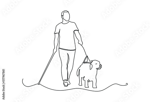 One single line drawing of blind person with a guide dog. Pet care and friendship concept. guide dog one line drawing.