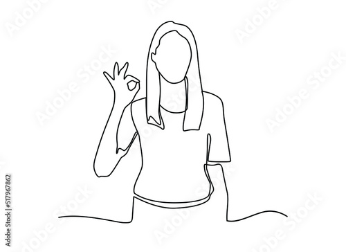 Single continuous line drawing woman in casual clothes gesturing ok sign. Okay sign, gesture language concept. Smiling female standing showing ok. Ok sign hand gesture continuous line