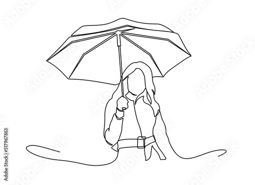 Continuous one line drawing of woman holding umbrella. Continuous Line Drawing of young woman with an umbrella cane. Girl with umbrella awesome and pretty continuous line drawing minimalist design.