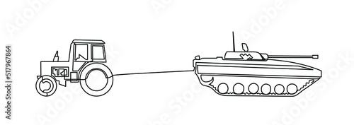 Ukrainian tractor pulls a russian tank continuous line drawing. One line art of russian invasion of Ukraine, Russian-Ukrainian war, opposition to fascism, farmers, military.  photo