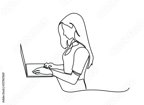 One line woman writing and study with help laptop.Continuous one line drawing of a woman. Business concept. Beautiful woman sits on the floor and holding laptop isolated on a white background. Vector 