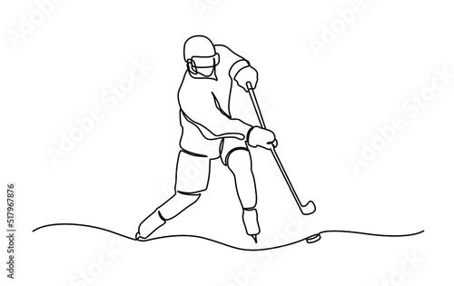 One continuous line drawing of young professional ice hockey player exercising and practicing on ice rink stadium. Healthy extreme sport concept. Dynamic single line draw design vector illustration.