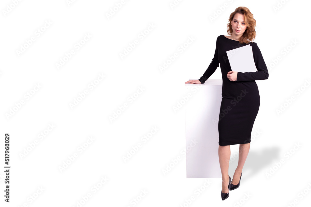 Attractive business woman in beautiful black dress with documents in the white background Attractive business woman in beautiful black dress with documents in the white background