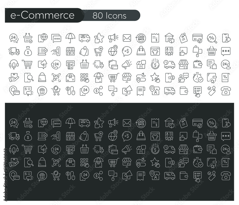 E-commerce and money linear icons collection. Big set of 80 thin line icons in black. Vector illustration E-commerce and money linear icons collection. Big set of 80 thin line icons in black. Vector illustration