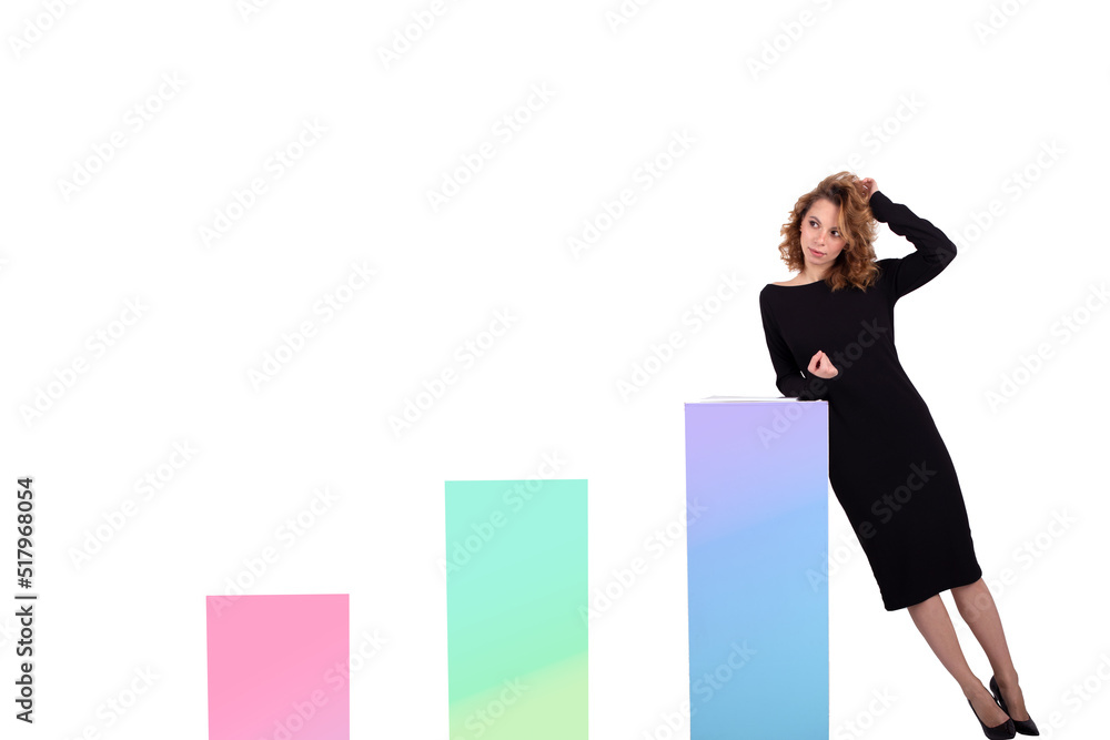 Fototapeta premium Beautiful business woman in black dress near coloured charts on the white background