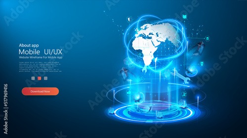 The concept of a global network connection. Visualization of big data. The digital sphere of the metaverse. A hologram or projection of the earth consists of light points. Digital world smart.
