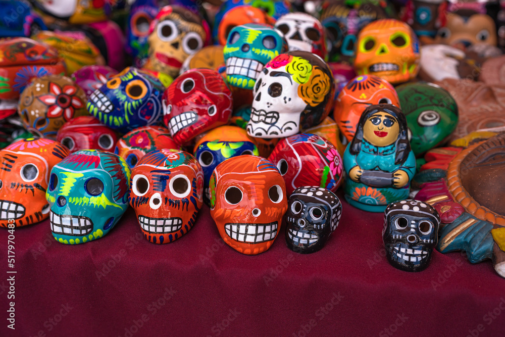 Decorated colorful skulls at market, day of dead, Mexico