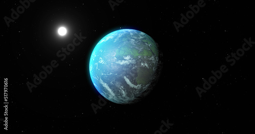 Image of blue planet and sun in black space