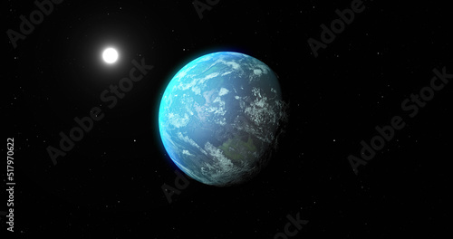 Image of blue planet and sun in black space