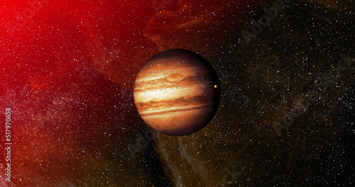 Image of orange planet in red galaxy