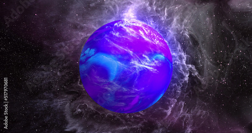 Image of blue planet in violet galaxy