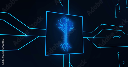 Image of integrated circuit and digital tree on black background