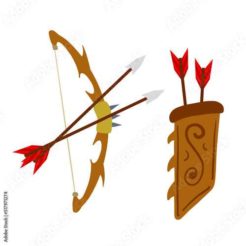 Bow and arrow. Taut bowstring. Fantastic weapons. Set of objects. Flat cartoon illustration. Shooting and hunting element