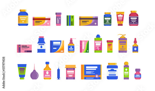 Pharmacy drugs icon set flat style isolated on white background. Vector 10 eps