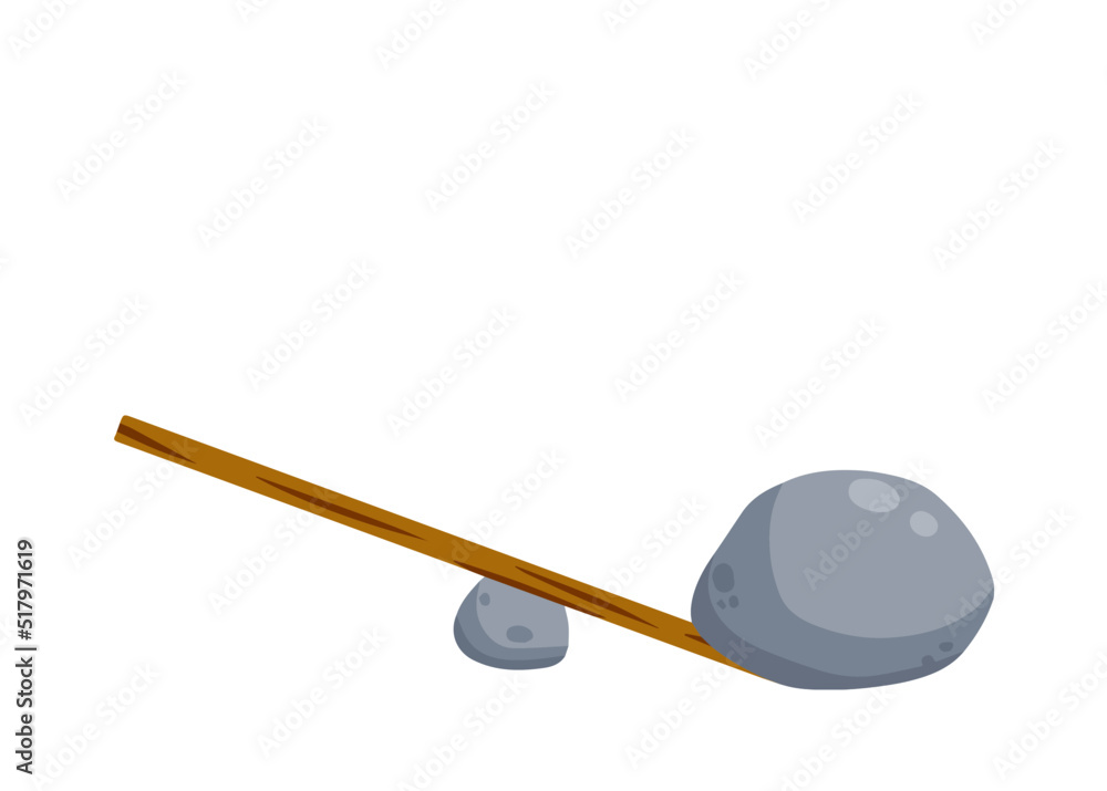 Lever of stick with stone. Lifting heavy cobblestone. Moving the boulder. Balancing and leverage. Flat cartoon Lever of stick with stone. Lifting heavy cobblestone. Moving the boulder. Balancing and leverage. Flat cartoon