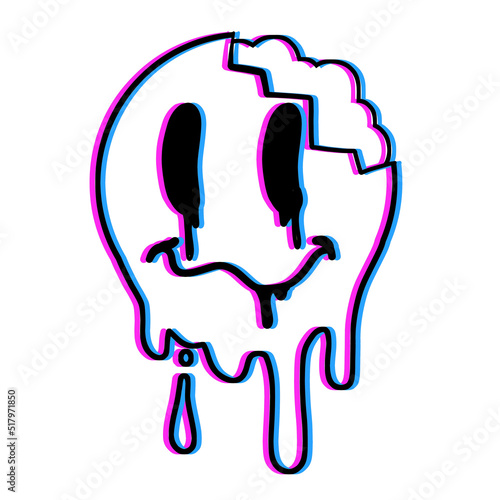 Acid smile face. Melted rave and techno symbol of 90s. Trendy Psychedelic crazy print.