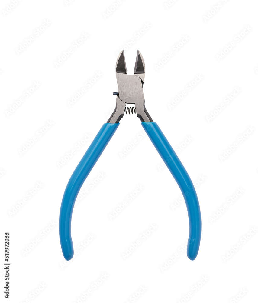 Professional mini side cutters with blue insulated handles for working with thin wire isolated on a white background Professional mini side cutters with blue insulated handles for working with thin wire isolated on a white background